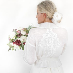 Ivory Knitted Wedding Bolero: Knit Bridal Jacket with Lace Applique Size S