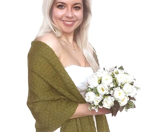 Olive Green Knitted Wedding Shawl: Knit Bridal Wrap, Bridesmaid Cover-Up