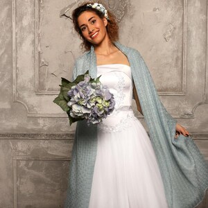 Handmade Dusty Blue Knitted Wedding Shawl: Knit Bridal Wrap, Bridesmaid Cover-Up, Plus Size too image 4
