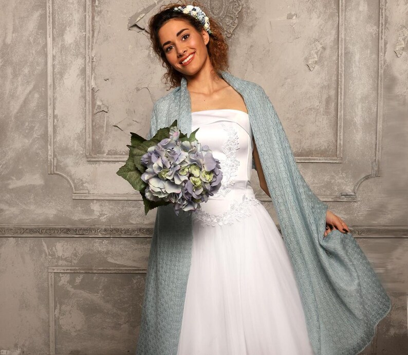 Handmade Dusty Blue Knitted Wedding Shawl: Knit Bridal Wrap, Bridesmaid Cover-Up, Plus Size too image 4