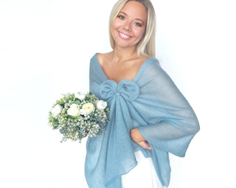 Mohair and Silk Wedding Wrap: Dusty Blue Bridal Shawl, Knitted Bridesmaid Cover-Up