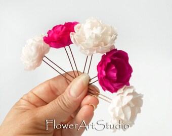 Ivory and bright pink small fabric flowers, Small flower hair pins, Ivory & magenta Wedding, Five small hair flowers, Bridal flower hair pin