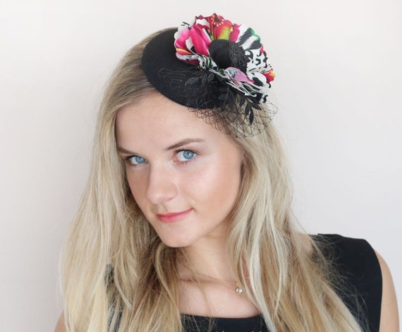 Kentucky Derby Hat, Black Mini Top Hat, Silk Flower 
