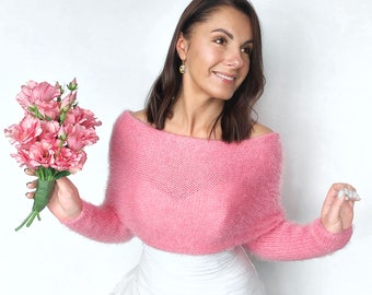 Blush pink bridal sweater, convertible wedding shrug, wedding jacket, cover up, knitted capelet, scarf with arms pink, vegan friendly