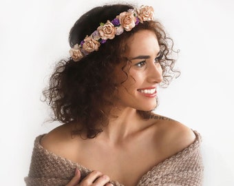 Creme and Lilac Floral Crown Rustic Wedding Wreath Bridal Flower Crown Bridal Hair Wreath Music Festival Crown Bohemian style Crown Halo