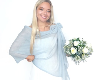 Enveloppement de mariage gris bleu clair en mohair, châle de mariée, tenue vestimentaire, boléro, haussement d'épaules, cape en tricot, cape de mariée, châle de demoiselle d'honneur, écharpe d'épaule