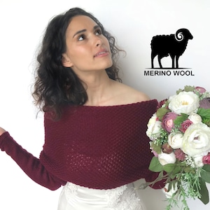 Bridal sweater burgundy, bridal jacket, wedding shrug, winter wedding bolero, cover up, wedding jacket, knit pullower maroon merino wool