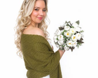 Olive Green Knitted Wedding Shawl: Knit Bridal Wrap, Bridesmaid Cover-Up