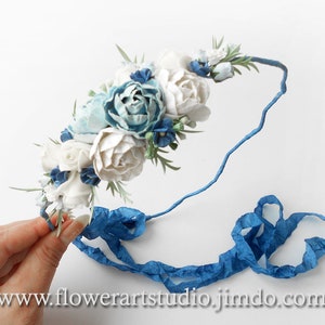 Blue Bridal Hair Wreath Wedding Crown Halo Bridal Headpiece Woodland Tiara Flower Crown Floral Crown White and Blue Flower Girl Halo image 2