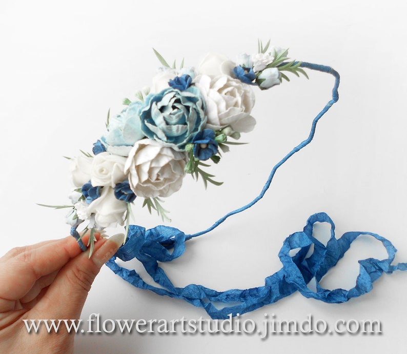 Blue Bridal Hair Wreath Wedding Crown Halo Bridal Headpiece Woodland Tiara Flower Crown Floral Crown White and Blue Flower Girl Halo image 2