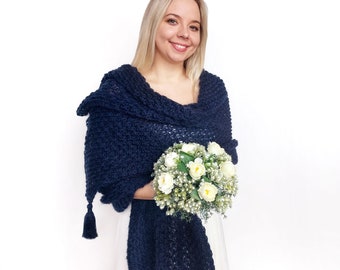 Châle de mariée bleu foncé, couvre-vêtements, boléro de mariage, châle tricoté en mohair, cape bleue, cape, écharpe de mariage pour demoiselle d'honneur, pour mariage d'hiver