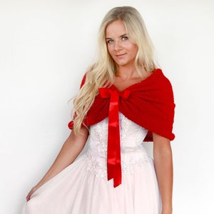Red bridesmaid shawl, warm bright red wedding wrap, bridal shawl, cover up, wedding bolero, shrug, knitted capelet, bridal cape, plus size