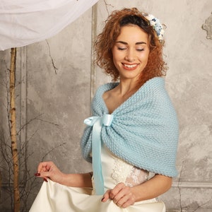 Aquamarine bridal shawl, powder blue bridal stole, wedding wrap, bolero, light blue knitted capelet, bridal cape, shrug, plus size too image 8