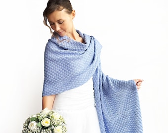 Sky Blue Knitted Wedding Shawl: Wool Bridal Wrap, Knit Bridesmaid Cover-Up