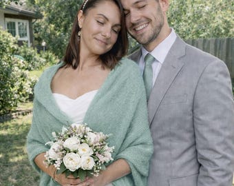 Sage Green Knitted Bridal Shawl: Soft Wedding Wrap , Bridesmaid Shawl, Vegan Friendly