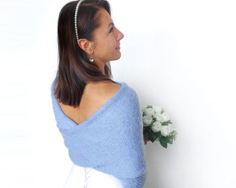 Pull de mariée bleu clair, haussement d'épaules de mariage convertible, veste de mariage, couverture, cape en tricot, écharpe avec bras bleu, adapté aux végétaliens