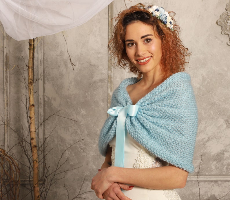 Aquamarine bridal shawl, powder blue bridal stole, wedding wrap, bolero, light blue knitted capelet, bridal cape, shrug, plus size too image 2