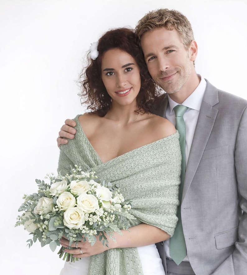 Knitted Sage Green Wedding Shawl: Bridal Knit Wrap, Cover-Up for Bridesmaids Greenery image 9