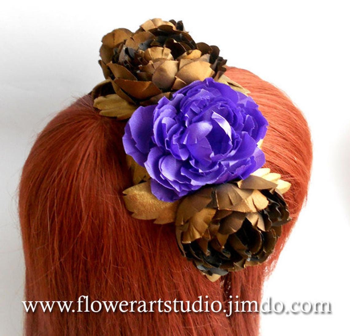 Bronze Leather Flower Fascinator: Purple Wedding Hair  display picture 2