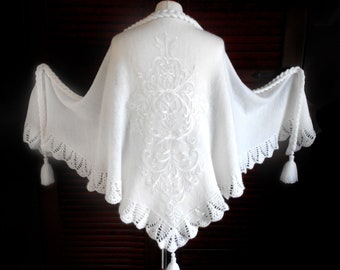 Lace Bridal Shawl, White Wedding Cover Up, Crochet Knit Scarf