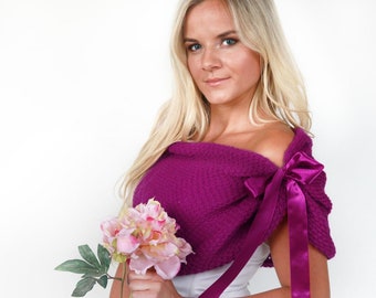 Écharpe de mariage rose magenta, châle de mariée, tenue de mariée, boléro de mariage, capeline en tricot rose vif, cape de mariée, châle de demoiselle d'honneur magenta