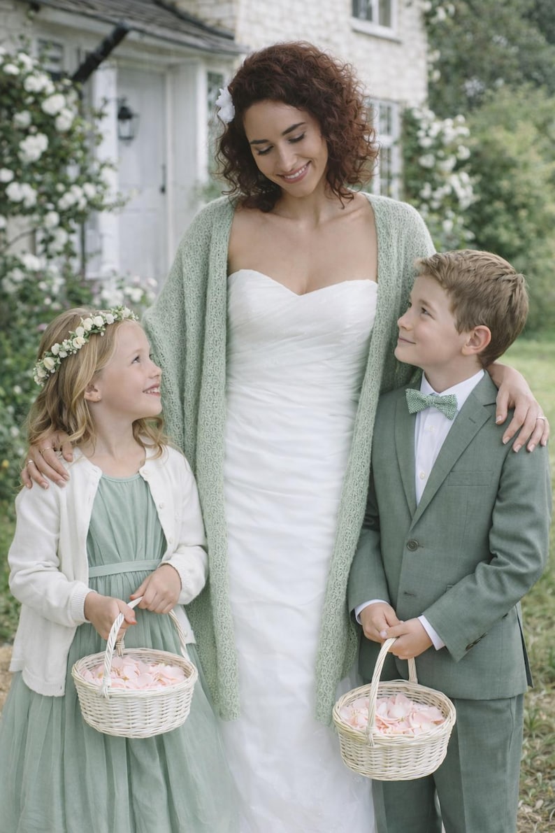 Knitted Sage Green Wedding Shawl: Bridal Knit Wrap, Cover-Up for Bridesmaids Greenery image 3