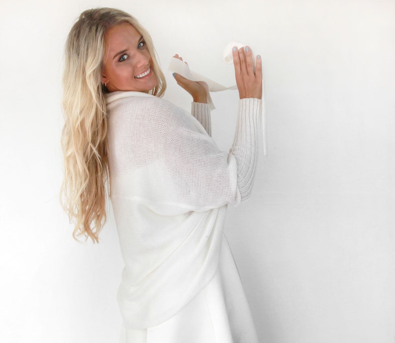 Ivory Wedding Jacket Knitted Capelet Bridal Cape Wedding Wrap Bridal Shawl Cover Up Ivory Jacket with a Belt Scoop Sweater Knit Cocoon
