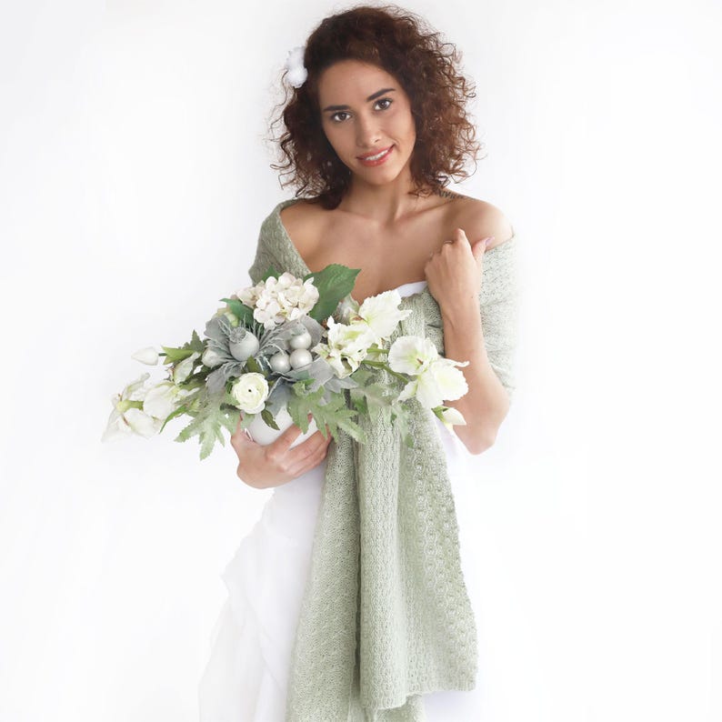 Knitted Sage Green Wedding Shawl: Bridal Knit Wrap, Cover-Up for Bridesmaids Greenery image 1