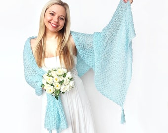 Châle de mariée bleu aqua, cover up, boléro de mariage, châle tricoté en mohair, cape aqua, cape, enveloppement de mariage pour demoiselle d'honneur pour mariage d'hiver