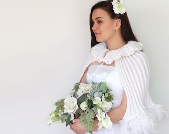 White Wedding Capelet: Knitted Bridal Wrap with Feathers