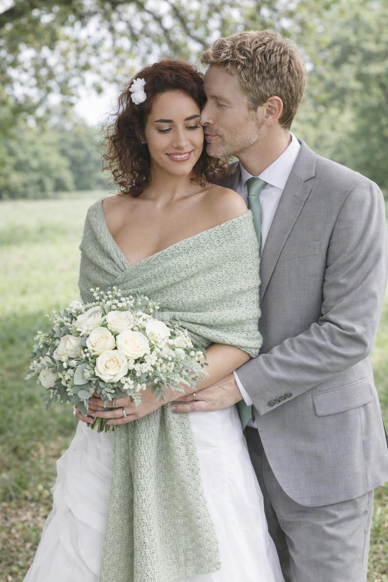 Knitted Sage Green Wedding Shawl: Bridal Knit Wrap, Cover-Up for Bridesmaids Greenery image 7