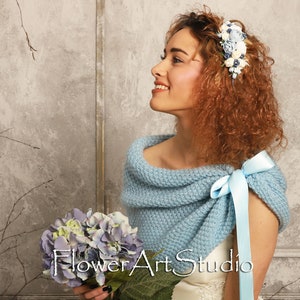 Aquamarine bridal shawl, powder blue bridal stole, wedding wrap, bolero, light blue knitted capelet, bridal cape, shrug, plus size too image 6