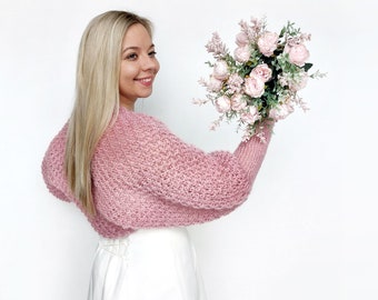 Boléro de mariée en mohair rose poudré, haussement d'épaules de mariage en tricot, veste chaude pour demoiselle d'honneur