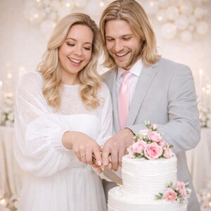 May include: A couple smiles while cutting a tiered wedding cake decorated with pink roses. The bride wears a white dress and sweater, and the groom wears a gray suit with a pink tie. The cake is white with textured frosting.