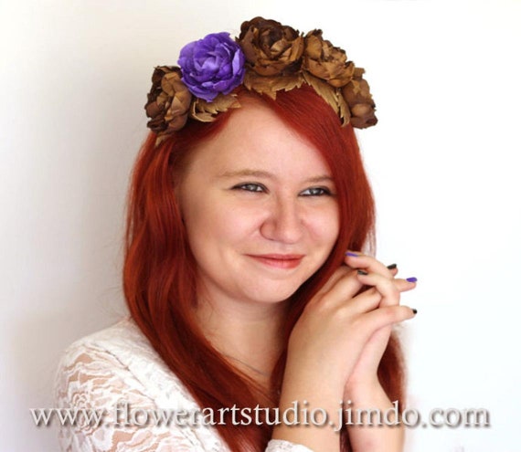 Bronze Leather Flower Fascinator: Purple Wedding Hair 