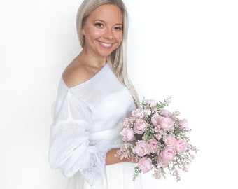 Pull de mariée blanc avec poignets en dentelle, veste de mariée, manteau de mariage, boléro de mariage d'hiver, camouflage, veste de mariage, pull en tricot blanc