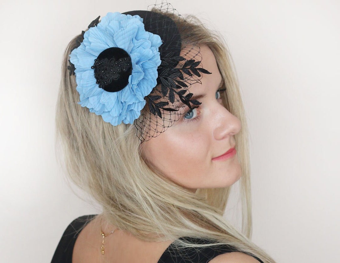 Black Kentucky Derby Fascinator, Blue Silk Flower Black Top  display picture 3