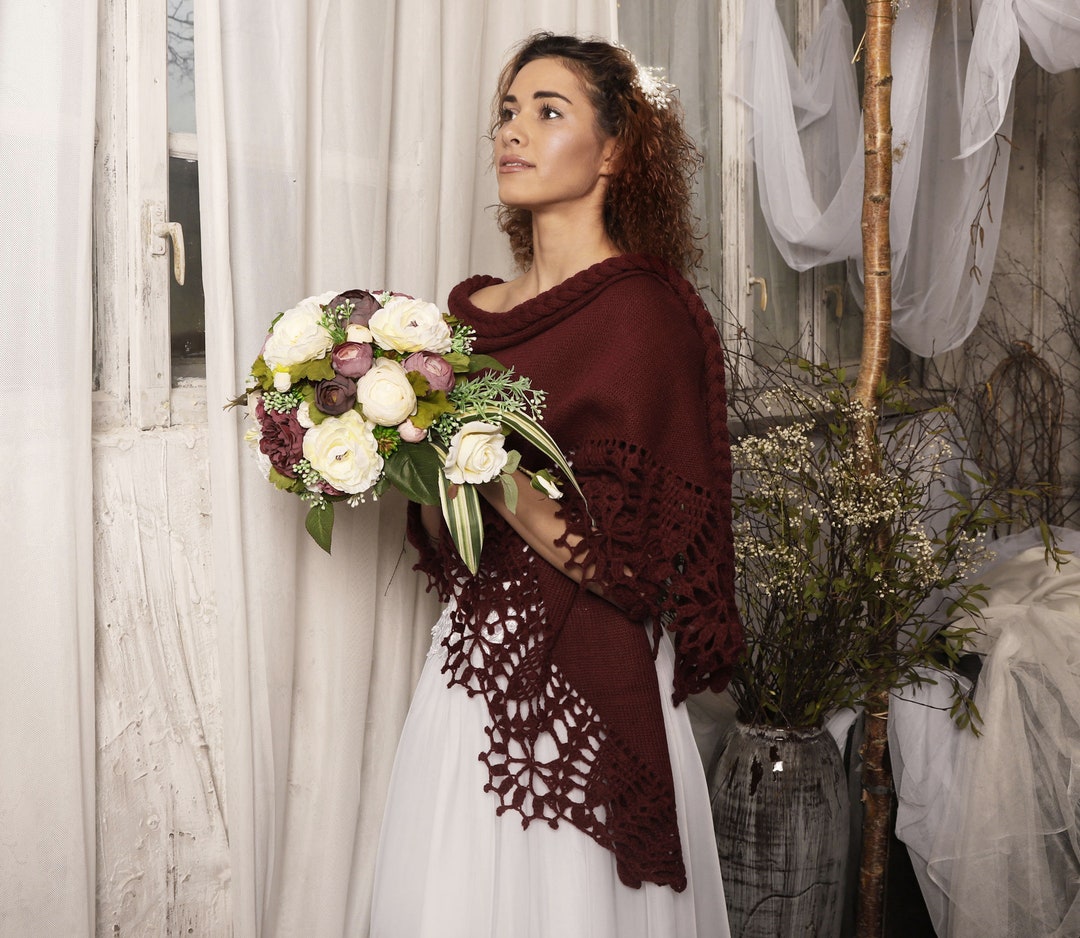 Bridal Shawl, Cover Up, Wedding Bolero, Cranberry Crochet Shawl