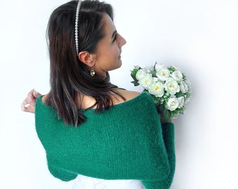 Emerald green bridal sweater, convertible wedding shrug, wedding jacket, cover up, knitted capelet, scarf with arms green, vegan friendly