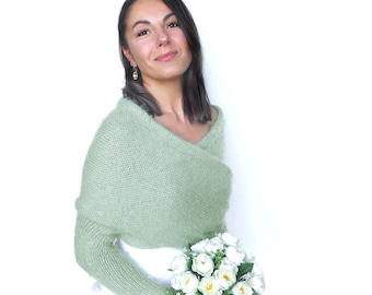 Soft Sage Green Knitted Wedding Shrug: Convertible Bridal Cover-Up, Bridesmaid Knit Shrug (Vegan Friendly)