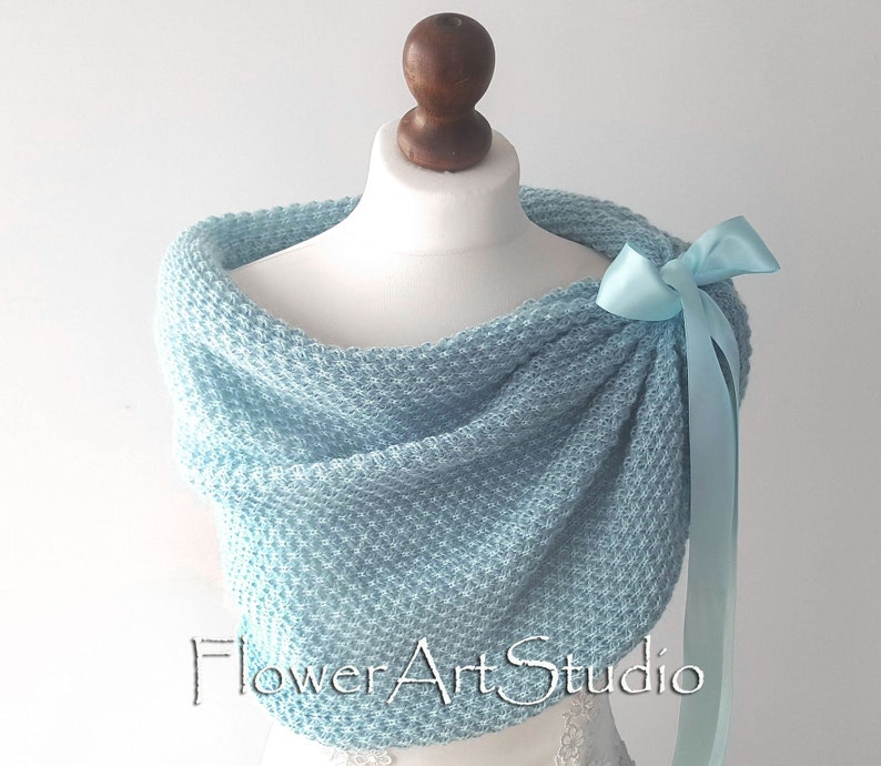 Aquamarine bridal shawl, powder blue bridal stole, wedding wrap, bolero, light blue knitted capelet, bridal cape, shrug, plus size too image 5