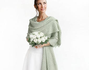 Sage Green Wedding Shawl: Knitted Bridal Cover-Up, Greenery Wrap for Bridesmaids