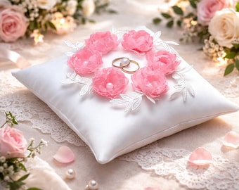 Handmade Ivory Satin Wedding Ring Pillow – Silk Flower Ceremony Ring Cushion