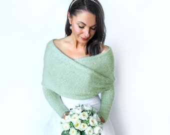 Sage green bridal sweater, convertible wedding shrug, wedding jacket, cover up, knitted capelet, scarf with arms greenery, vegans friendly