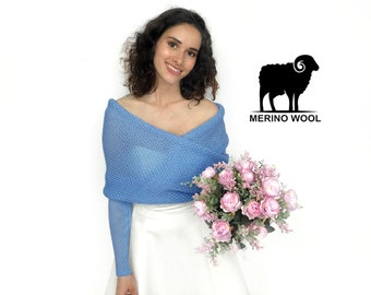 Pull de mariée bleu, veste de mariée en laine mérinos, haussement d’épaules de mariage, boléro de mariage d’hiver, couverture, étole, pull en tricot, veste de demoiselle d’honneur bleue