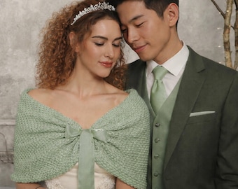 Knitted Bridal Cape, Sage Green Wedding Bolero Capelet with Ribbon, Plus Size too