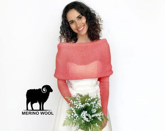 Pull de mariée couleur corail, veste de mariée, haussement d’épaules de mariage, boléro de mariage d’hiver, couverture, pull en tricot, veste de demoiselle d’honneur en laine mérinos