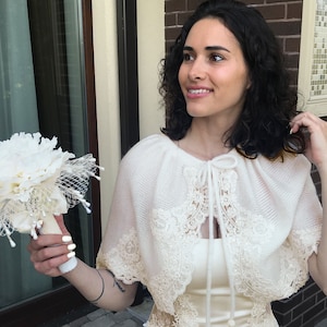 Knitted Bridal Capelet: White Wedding Bolero with Lace