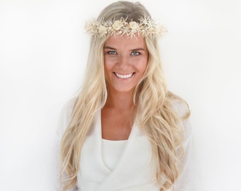 Ivory Bridal Hair Wreath, Ivory Bridal Flower Crown, Bridal Hair Accessories, Ivory Floral Crown, Flowers and Pearls, Ivory Wedding Headband