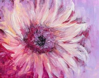 A4 giclee art print of a pink and mauve large close up of a daisy like flower titled "The Tatty Daisy."